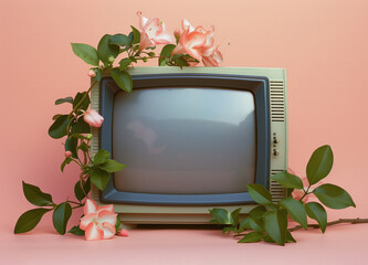 Retro  TV set with flowers growing against pastel peach background. Fresh television program, springtime scheme background. - 751594281