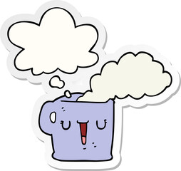 cartoon hot cup of coffee and thought bubble as a printed sticker