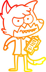warm gradient line drawing cartoon grinning fox with clipboard