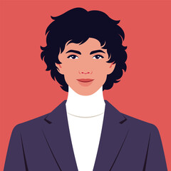 Portrait of a young curly man. Avatar of a successful businessman. Politician. Vector flat illustration