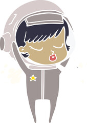 flat color style cartoon pretty astronaut girl taking off helmet