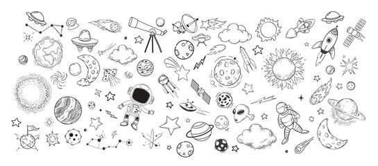 Space doodle. Hand drawn doodles cartoon set of space objects and symbols. Doodle objects on white background. Vector illustration.