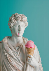 Antique male sculpture holding an ice cream cone. History, classic taste, summertime background. - 751594648