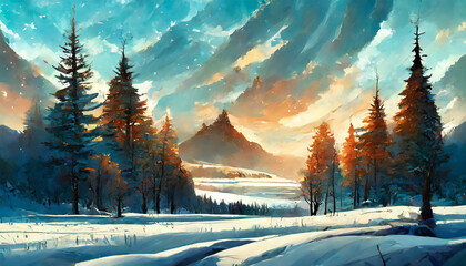 Detailed illustration of snowy landscape with mountains and arctic forest. Winter scenery. - obrazy, fototapety, plakaty
