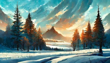Foto op Canvas Detailed illustration of snowy landscape with mountains and arctic forest. Winter scenery. © hardvicore