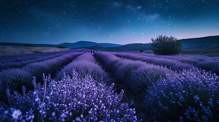 Starry Night Over Lavender Fields: Tranquil Beauty of Blooming Purple Flowers Under a Celestial Sky