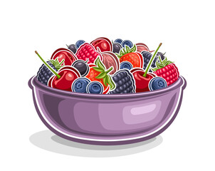 Vector Berry Plate, horizontal poster with isolated cartoon design berries composition with green leaves and stems, outline illustration of various berry fruits in purple plate on white background
