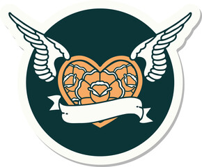 tattoo style sticker of a flying heart with flowers and banner