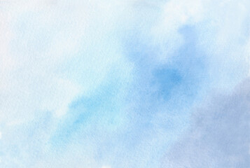 Watercolor abstract gray-blue background with gradient, hand-drawn. The sky with clouds, clouds. A banner for design, decoration with a place for text. A watercolor blur. The texture of the watercolor
