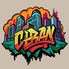 Tshirt Sticker of a hand-drawn illustration featuring an urban skyline with graffiti-style lettering for a streetwear vibe.