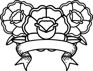 black linework tattoo with banner of a bouquet of flowers