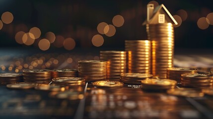 coin, mortgage, currency, finance, home, house, investment, property, real estate, wealth. houses with a lot of coin stack, idea for property investment, income, tax, and passive income, generative ai - obrazy, fototapety, plakaty