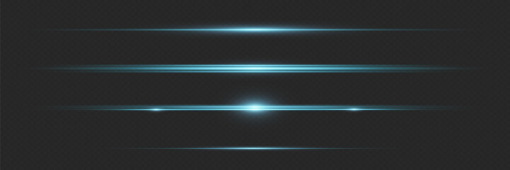 Set of light rays. Lines of light and glare. Neon horizontal highlights.