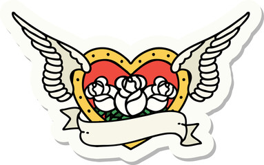 tattoo style sticker of a flying heart with flowers and banner