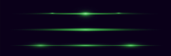 Set of light rays. Lines of light and glare. Neon horizontal highlights.
