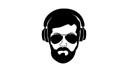 guy with a beard wearing headphones, black isolated silhouette
