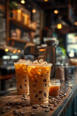 Fresh cup of iced coffee, latte, macchiato on food truck counter top.. Barista, bistro, outdoor. Room for copy space.	
