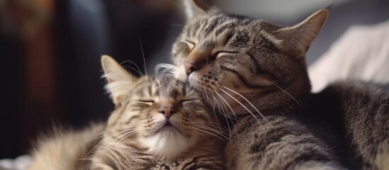 Affectionate cat and adorable kitten cuddling together, cute domestic animals resting peacefully