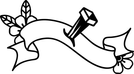 black linework tattoo with banner of iron nail
