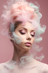 Surreal portrait of a beautiful woman with artistic pink makeup, colorful pastel smoky hairstyle and mauve pink background. Creative face makeup aesthetic.