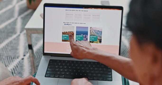 Couple, laptop and travel research or home for vacation itinerary for international booking, trip or back. People, screen and web decision for planning accommodation or Hawaii, homepage or review