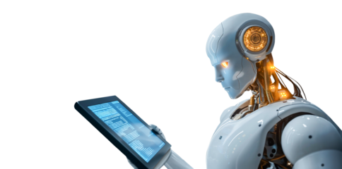 A modern, elegant autonomous humanoid robot that programs itself autonomously via a tablet. Isolated in front of a transparent background.