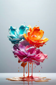Bold flower concept made with colorful acrylic paint dripping on flower petals. Vibrant fantasy floral aesthetic.
