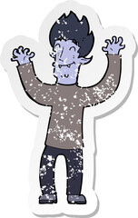 retro distressed sticker of a cartoon happy vampire man