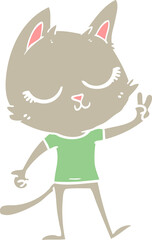 calm flat color style cartoon cat giving peace sign
