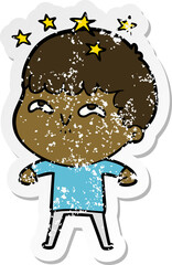 distressed sticker of a cartoon amazed boy