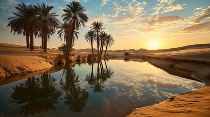 Picturesque Desert Scene: Palm Trees Silhouetted Against a Radiant Sunset Sky, Mirrored on a Tranquil Pond - obrazy, fototapety, plakaty