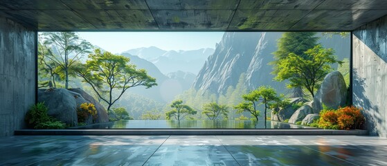 An empty concrete room with a large window on a natural background is rendered in 3D.