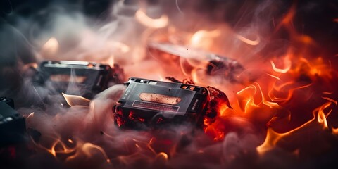 Image depicting the hazards of overheating lithiumion batteries with flames and smoke. Concept Battery Safety, Lithium-ion Hazards, Overheating Dangers, Fire and Smoke Risks