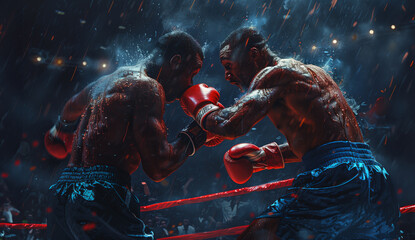 Epic boxing scene with water droplets from boxers' punches