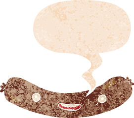 cartoon sausage and speech bubble in retro textured style