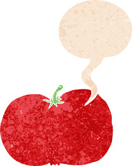 cartoon tomato and speech bubble in retro textured style