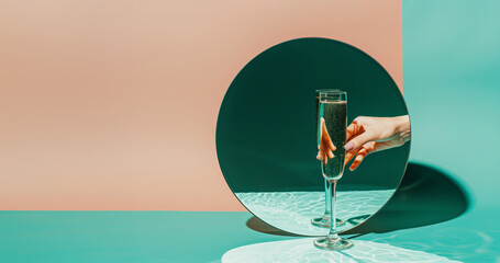 Hand reaching for a champagne glass reflecting in a mirror. Virtual drinking friends, celebration background. - 751597262