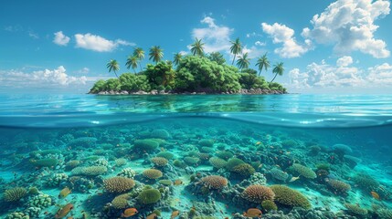 A split view of a tropical island and coral reef with water lines