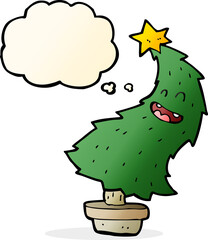 cartoon dancing christmas tree with thought bubble