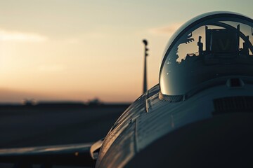 A fighter plane poised for takeoff with the setting sun behind it