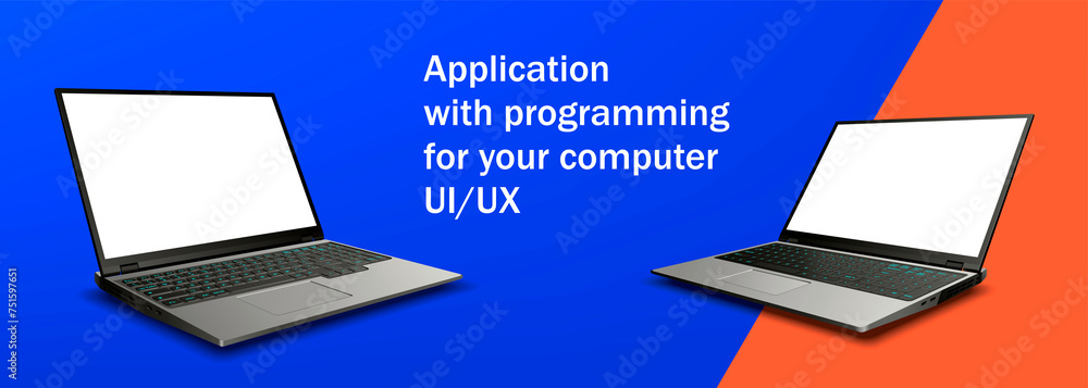 Poster two open, realistic laptops with blank displays. software for your computer. programming and the ope