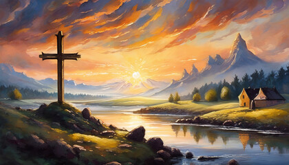 Detailed oil painting of landscape with religious Christian cross on top of mountain at sunset.