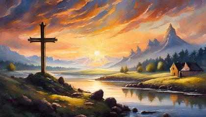 Fotobehang Detailed oil painting of landscape with religious Christian cross on top of mountain at sunset. © hardvicore