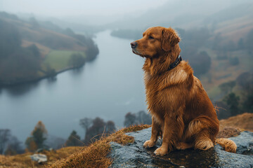 A dog sitting on top of a mountain in the Lake District with a beautiful view in the background of English mountains and countryside - 751597647