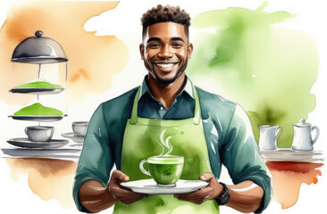 smiling black male barista with cup of Japanese green matcha tea on tray, watercolor illustration