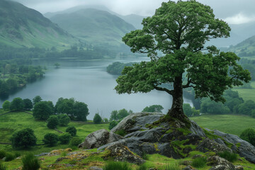 A foggy landscape scene in the Lake District in England, misty mountains in the distance