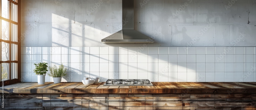Poster this is a 3d rendering of an interior of a bright kitchen with an empty wall. accessories for a cata