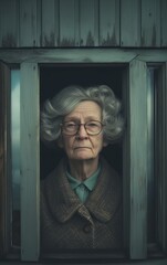 Old woman looking through a wooden vintage window. Old age conceptual background. - 751598259