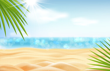 Summer seascape, sunny sandy beach with sky and clouds, bright sun illuminates the sand and sea water. Vector.