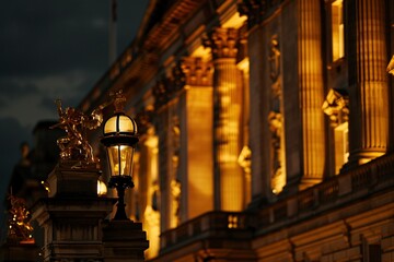 A nocturnal perspective of a grand Palace situated in the UK, bathed in gentle, natural light, depicted in a close-up composition.